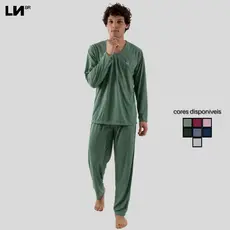 Pijama Longo Masculino Linha Noite Gola V Inverno de Malha