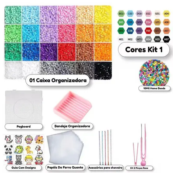 Kit Hama Beads 10.000 Peças 2,6mm 24 Cores Pinças + Ferramentas Pegboard Chaveiro Brinquedos