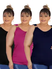 Kit C/3 Blusinha plus size feminina regata fivela estilosa moda primavera verão