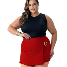 Shorts Saia Canelado Plus Size Feminino Cintura Alta  com Detalhe de Fivela  moda primavera verão