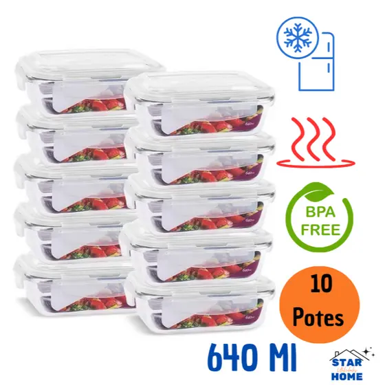 Conjunto Potes de Vidro 640ml Hermético Marmita Fit com Tampa 4 Travas