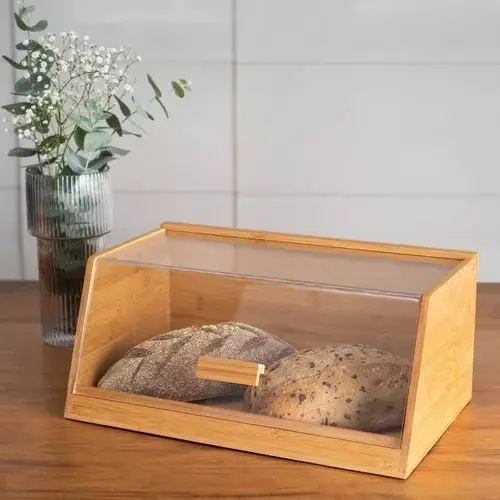 Porta Pão Bambu com Tampa Transparente Acrílico 35cm Pão de Forma Francês Caseiro OIKOS