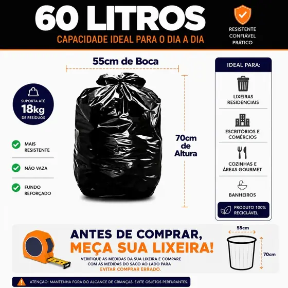 Saco de Lixo 60 Litros Resistente - 100 unidades 55x70cm