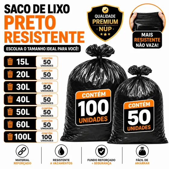 Saco de Lixo Preto Resistente Nup | Escolha o Tamanho 15L/20L/30L/40L/50L/60L/100L
