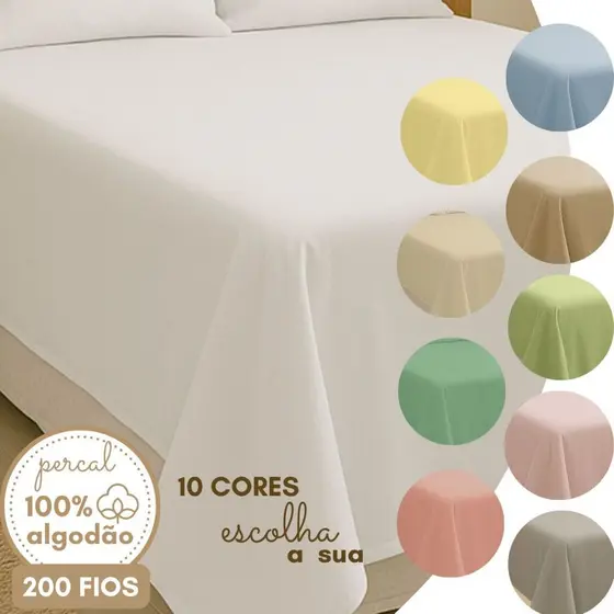 Lençol de Cima Percal 100% Algodão 200 Fios sem Elástico Solteiro Casal Queen King Toque Macio