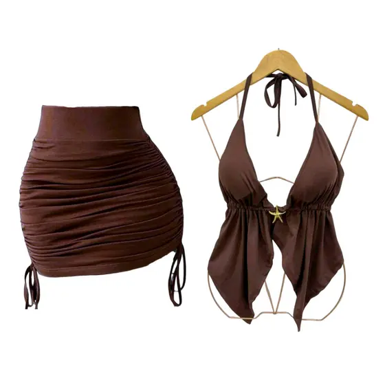 conjunto top cropped bata Malibu Babado Saia curta Franzida suplex Moda Gringa Ajustavel
