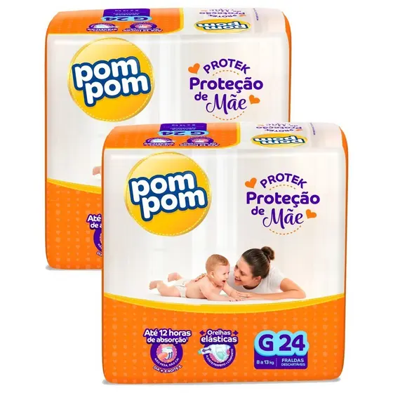 Kit 2 Fraldas Pom Pom Protek Proteção de Mãe Jumbo G com 24un cada