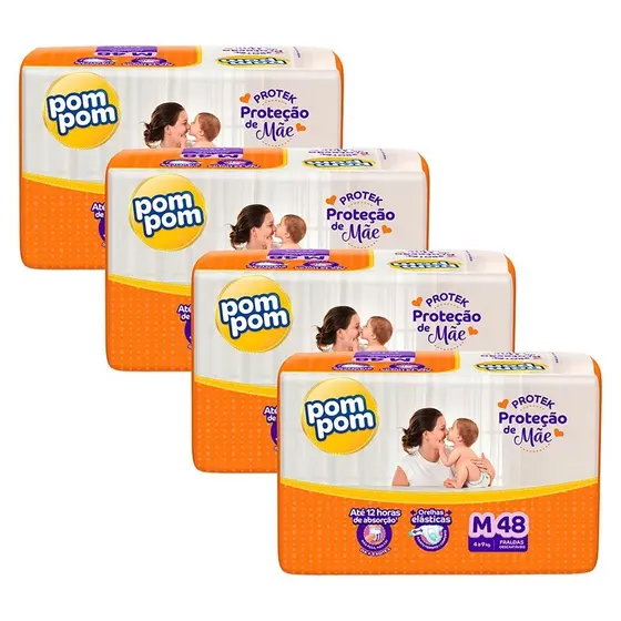 Kit 4 Fraldas Pom Pom Derma Protek Mega M com 48un cada