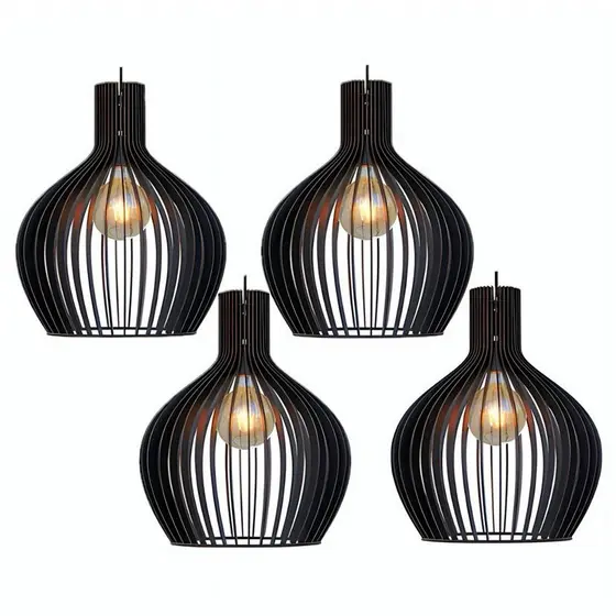 Kit 4 Luminarias Lustre Teto Sala Cozinha Madeira Preto 28x34cm Moderno Decoracao - 4gm / sf