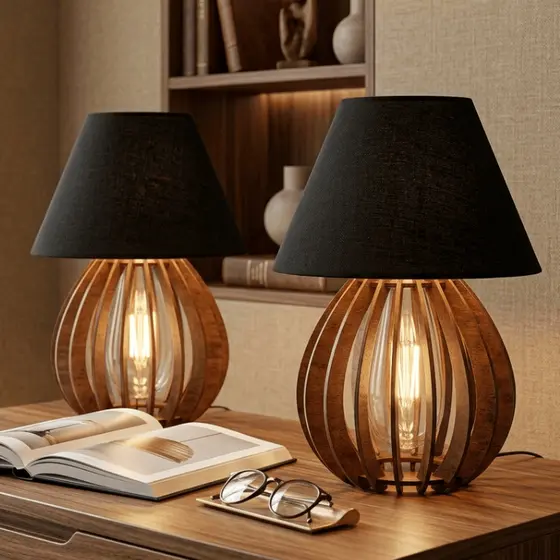 kit 2 Abajur Cupula Preta Em Madeira Mdf Para Quarto De Casal Iluminação - 2Amcp