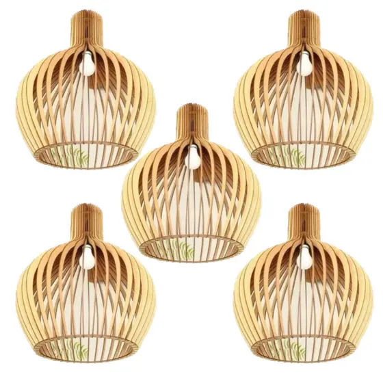5 Pendentes Luminárias Grandes De Madeira Area Gourmet Varanda Cozinha Cor Cru - 5gmc