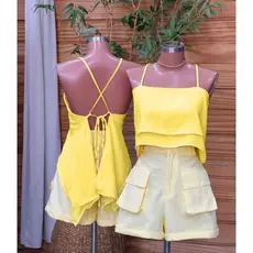 Cropped Blusa Feminina – Alçinha com Amarração nas Costas 2 Babados Tendência Verão Look Leve
