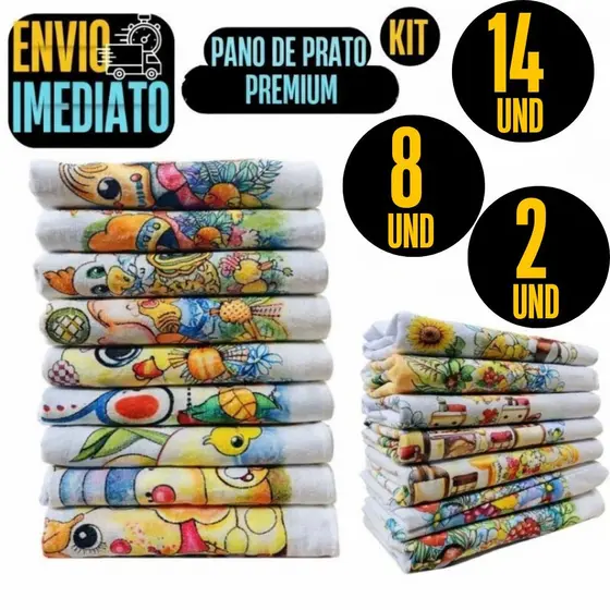Kit Com 14 ou 8 ou 2 Pano De Prato Estampado Com Bainha 100% Algodão Premium Qualidade