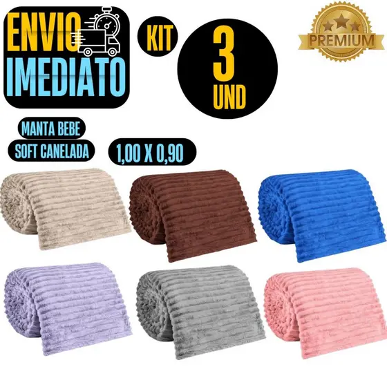 Kit com 3 Manta Bebe Infantil Cobertor Para Bebe Antialérgico Soft Canelada ou Liso 0,90 x 1m GR177