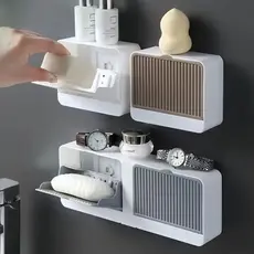 Porta Sabonete Duplo De Parede Com Tampa Flip E Bandeja De Drenagem Mantém Sabão Seco Oferta