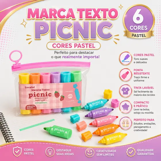 Kit 6 Marca Textos Mini Bala Picnic Caneta Marca Texto 6 Cores