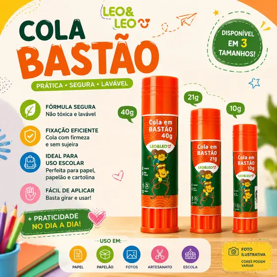 Cola Bastão 10Gg 21g 40g Escolar Escritório Leo&Leo Não Toxico Infantil