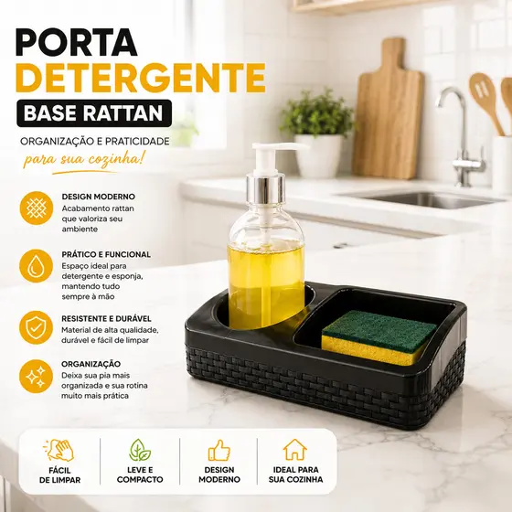 Porta Detergente Plástico Preto Esponja Bucha Sabão Rattan Com Base Pia Cozinha Arqplast