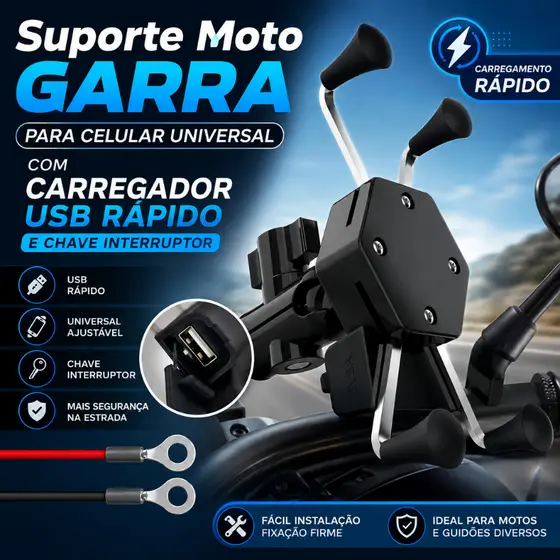Suporte Garra Para Celular Moto Universal Ajustável Com Carregador Usb