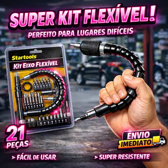 Kit Extensor Eixo Prolongador Parafusadeira Bits Soquetes Adaptador Ângular Cabo Flexível 24cm