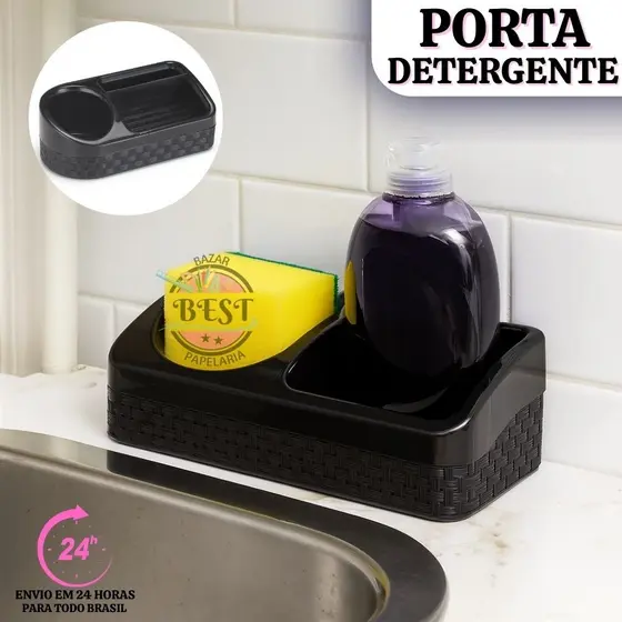 Porta Detergente Rattan Preto Com Base  Com Porta  Esponja Sabão Rattan Cozinha Facíl Higienização