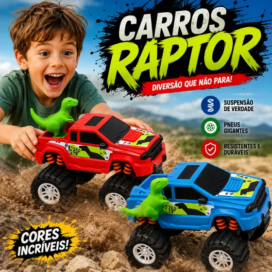 Carrinho Brinquedo Pick Up Raptor Dinossauro com Pick-UP Monster Truck Prepare-se Para a Aventura