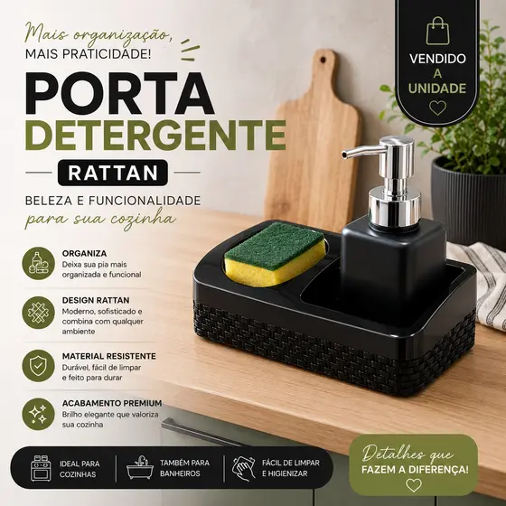Porta Detergente Esponja e Sabão Rattan Black  Com Base Com destaque Para Higienização