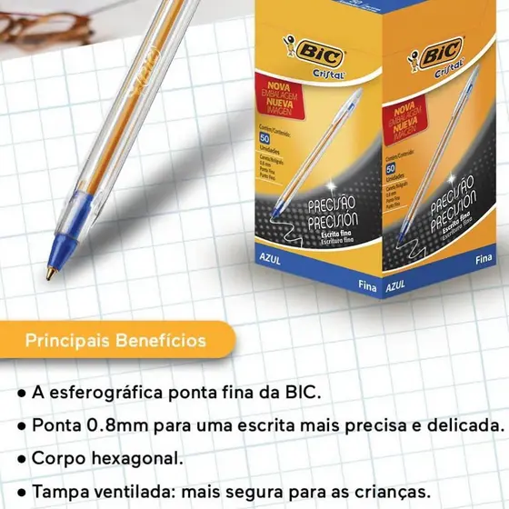 KIT 25 Canetas Bic Cristal Carga Marela 0.8mm Ponta Fina Cores Azul - Preta - Vermelha