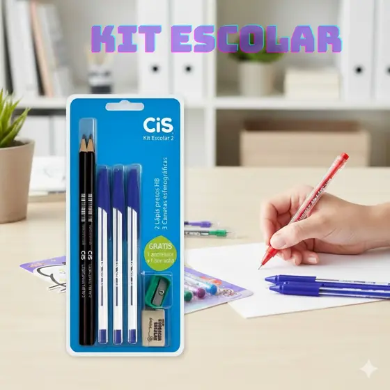 kit  Escolar Caneta  Cis Esferográfica Ponta Fina 0.7 Azul + Lápis + Apontador + Borracha