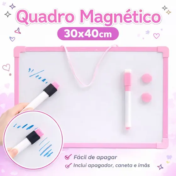 Lousa Quadro Branco Magnético Moldura Apagável C/Caneta E Imã 30x40cm Volta Ás Aulas