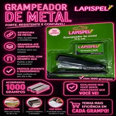Grampeador Metal Preto 11,5cm Lapispel c/ 1000 Grampos