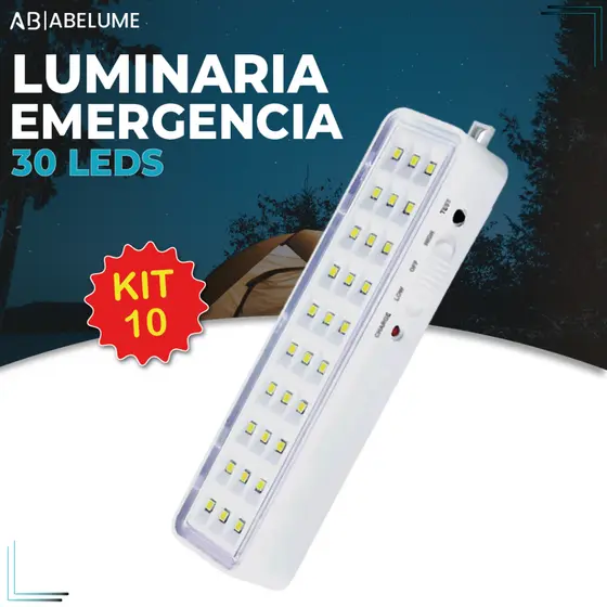 10 Luminárias Emergência Lâmpada 30 Leds Recarregável Bivolt Luz Branca (Branco Frio 6,500K)