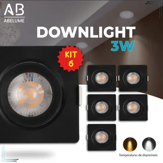 Kit 6 Luminária Spot Led Quadrado Direcionável 3W Embutir Gesso Teto Preto | Branco Frio | Branco Quente Bivolt