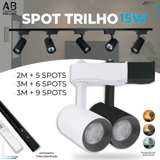 Trilho Spot LED para trilho + Trilho + Conector Preto e Branco 15W 360° |Luz Branca, Neutra e Amarela | Bivolt 110V-220V