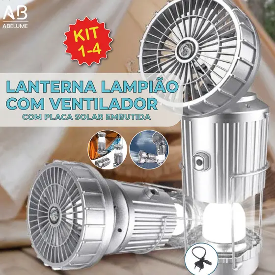 Lanterna Lampião com Ventilador LED c/ Placa Solar embutida Recarregável via usb e tomada