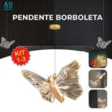 Luminária Pendente Lustre Borboleta de Luxo Cristal Dourada Moderna 3 Tons de Luz Bivolt