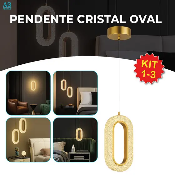 Luminária Pendente Cristal Oval Eclipse LED Moderno Dourado 7W Bivolt com 3 Tons de Luz