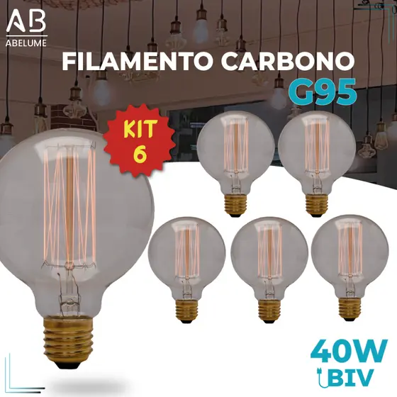 Kit 6 Lâmpada Filamento Carbono G95 40W E27 LUZ QUENTE (AMARELO) Âmbar 110V~220V