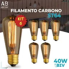 Kit 6 Lâmpada Filamento Carbono ST64 40W E27 LUZ QUENTE (AMARELO) Âmbar 110V~220V