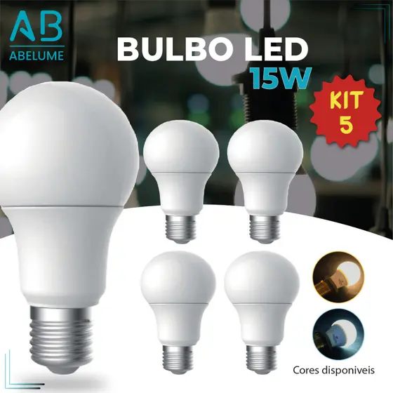 Kit 5 Lâmpadas Led Bulbo 15w Branco Frio 6.500K (Luz Branca) | Branco Quente 3.200K (Luz Amarela) |  Bivolt E27