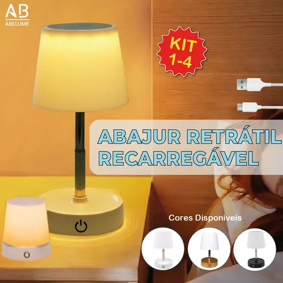 Abajur LED Recarregável Retrátil de Aço Luz Neutra Ajustável 3 Tons USB Sala/Escritório/Quarto