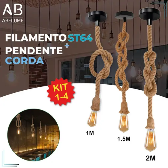 Pendente Corda 2M + Filamento Led St64 4W Retro Vintage Rústico Sisal E27 Luz Quente Bivolt 110-220V