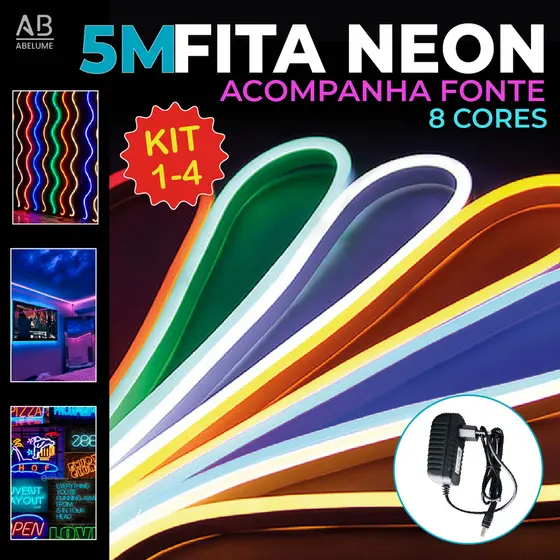 Fita de LED Mangueira Neon 5 Metros 60W Flexível Com Fonte 12V | 8 Cores