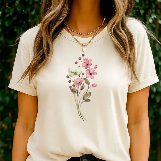 Camiseta Feminina – Flores | Camiseta Estampada |Flores Delicadas | T-Shirt Feminina Estilosa