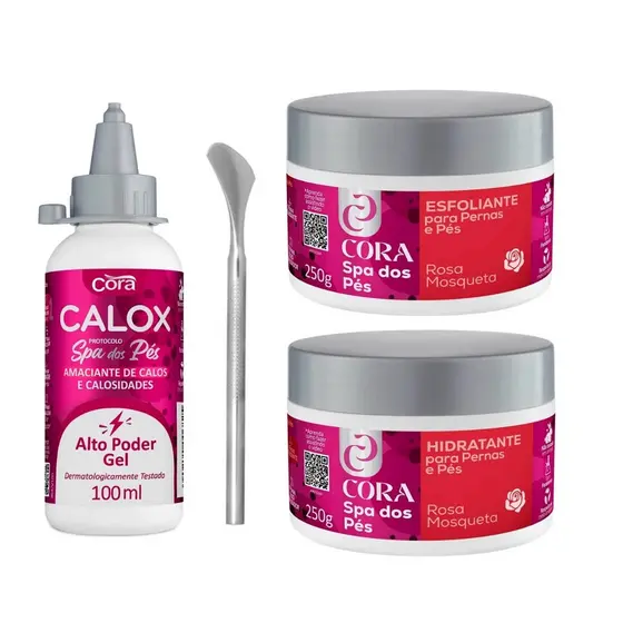 Kit Spa dos Pés Cora (SEM OLEO) Calox Amaciante Esfoliante Hidratante Espátula Lixapés Pémax Rosa Mosqueta