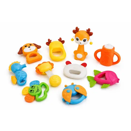 Kit 10 Mordedores e Chocalhos Coloridos Brinquedo para Bebê Alta Qualidade Seguro e Interativo 10 Peças Diferentes