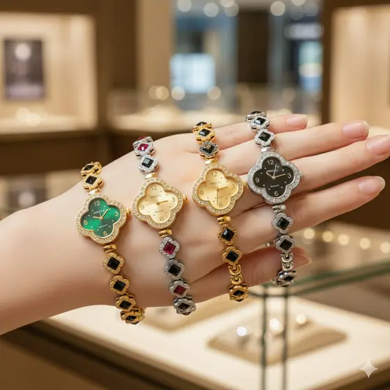 Relógio Feminino Trevo Quatro Folhas Pulseira Esmeralda Luxo