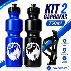 Kit 2 Garrafa Caramanhola Bike Bicicleta Squeeze Agua 750ml + Suporte Garrafinha Ciclismo MTB Passeio Esportes