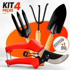 Kit Jardinagem 4pçs Pá Ancinho Tesoura Poda Aço e Madeira P/ Vaso Jardim Horta Flor Plantas Bonsai Suculentas