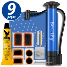 Kit Reparo Pneu Bicicleta 9 Peças + Bomba Ar 32cm Encher Pneu Remendo Frio Cola Kit Ferramentas Bike
